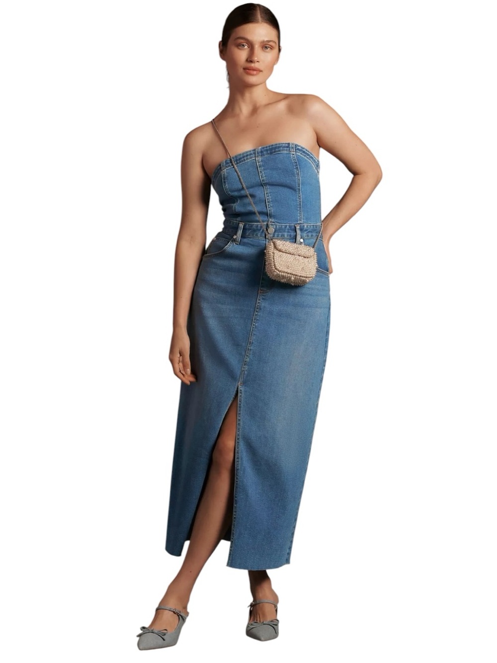 Anthropologie Pilcro The Madi Front-Slit Denim Strapless Dress Size 2XS
